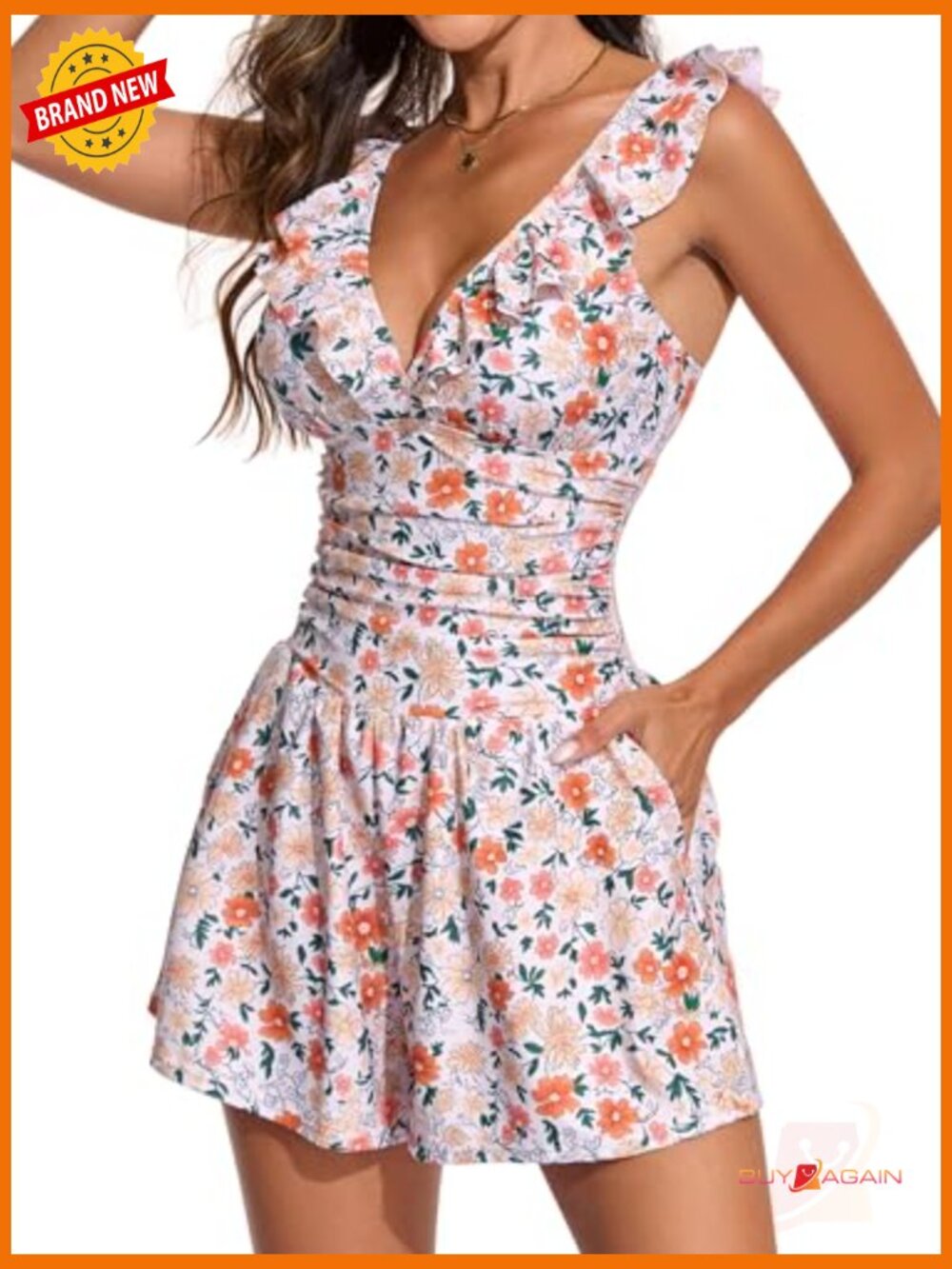 One Piece Swim Romper with Tummy Control Built in Bra and Pockets - Picture 6 of 6